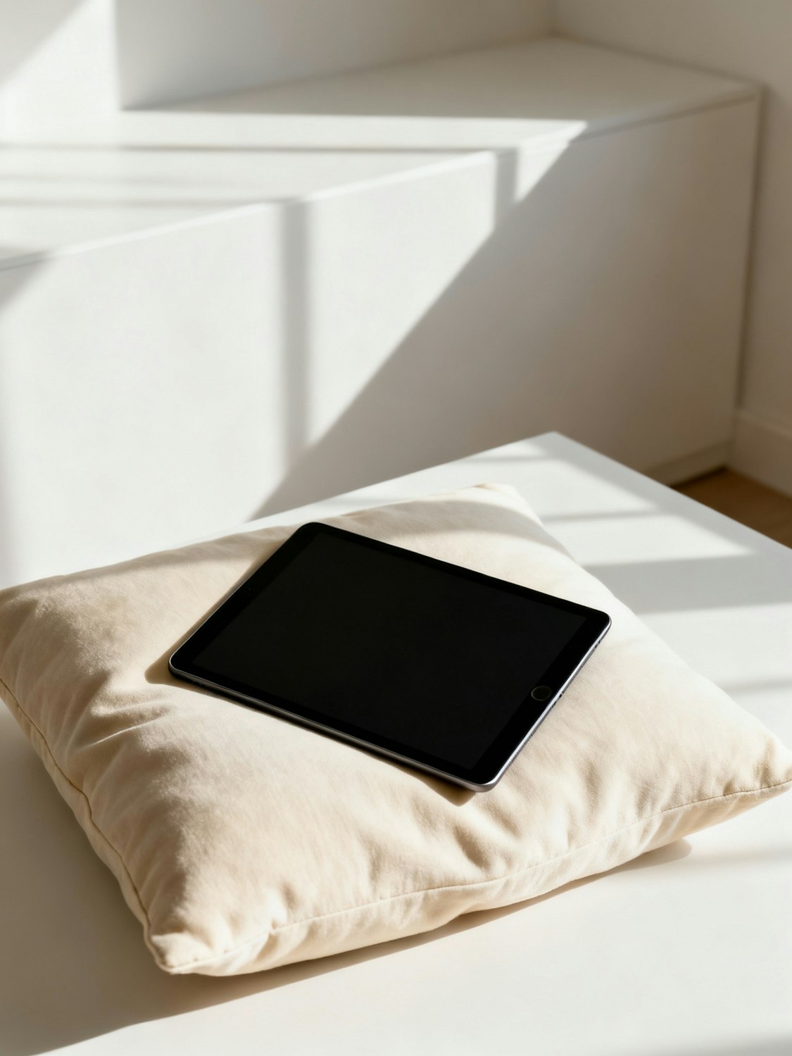 Tablette posée sur un coussin beige dans une pièce lumineuse